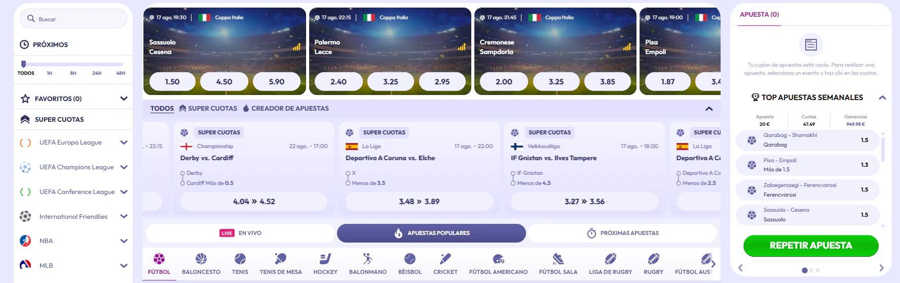 Mercados de apuestas deportivas y torneos de eSports en Infinity Casino