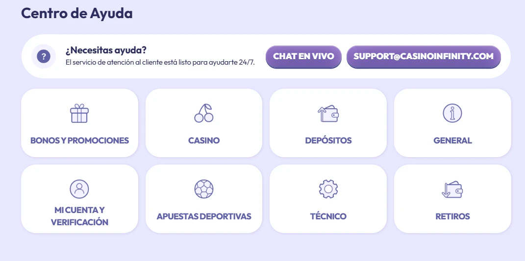 Servicio de ayuda y opciones de contacto para usuarios de Infinity Casino